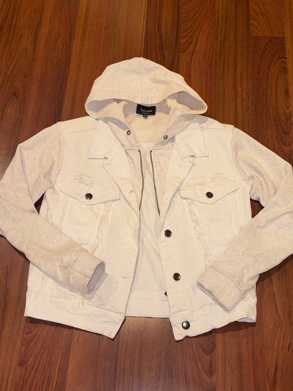 Splendid White Grey Denim Jean Jacket Sweatshirt Hood and Sleeves layer Size XS